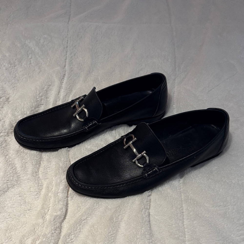 Salvatore Ferragamo Black Leather Slip-On Loafers